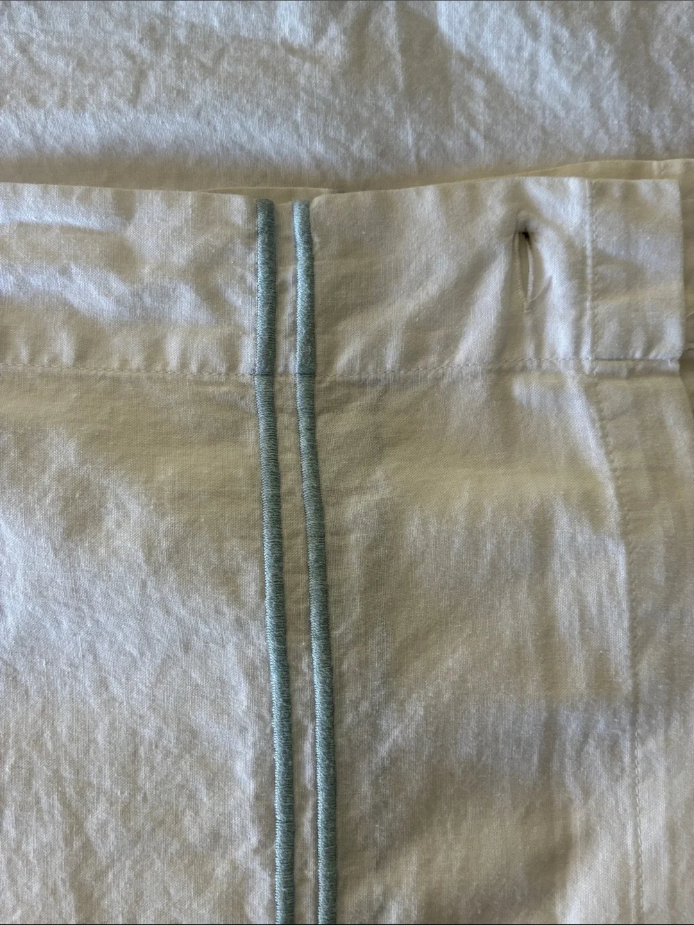 Restoration Hardware White Cotton Shower Curtain with Pale Blue Double Piping